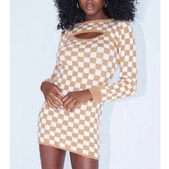 Princess Polly Dana Cut Out Knit Checkered Sweater Mini Dress, Size XS/S - Picture 1 of 11